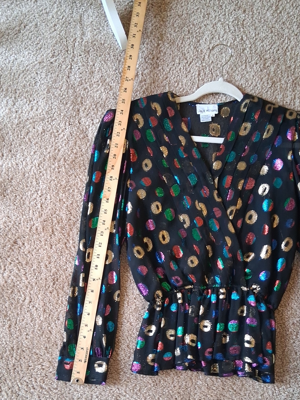 Vintage Lloyd Williams 1980s Metallic Bling Multi-Color Wrap-Style Peplum Blouse - Picture 6 of 9